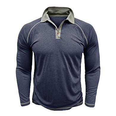 Men's Color Block Polo Shirt Casual Long Sleeve Collared Top with Contrast Trim