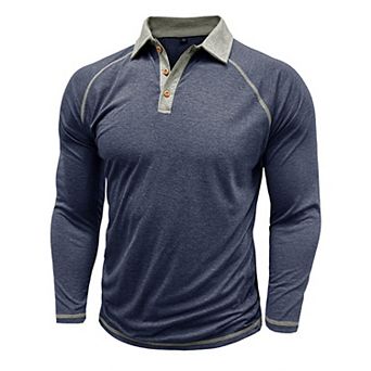 Men's Color Block Polo Shirt Casual Long Sleeve Collared Top with Contrast Trim