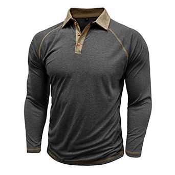 Men's Color Block Polo Shirt Casual Long Sleeve Collared Top with Contrast Trim