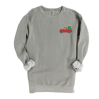 Embroidered Truck Christmas Tree - Women's Garment Dyed Graphic Sweatshirt