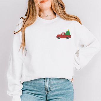 Embroidered Truck Christmas Tree - Women's Garment Dyed Graphic Sweatshirt
