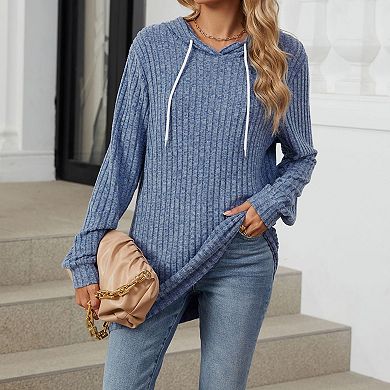 Women's Drawstring Hoodie Ribbed Knit Pullover Top Long Sleeve Casual Lounge Top