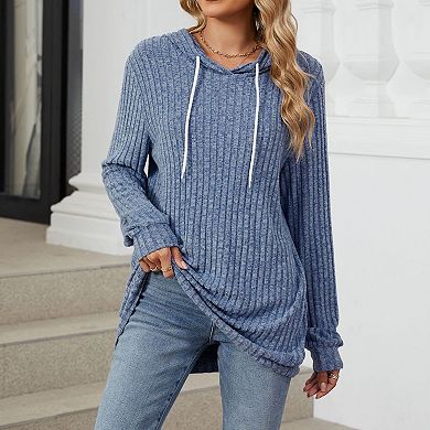 Women's Drawstring Hoodie Ribbed Knit Pullover Top Long Sleeve Casual Lounge Top