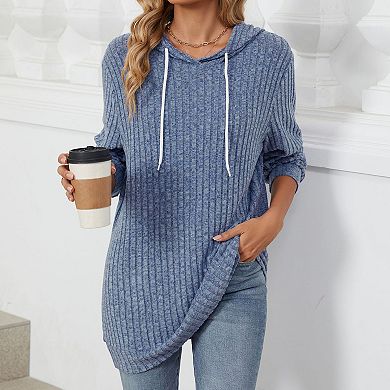 Women's Drawstring Hoodie Ribbed Knit Pullover Top Long Sleeve Casual Lounge Top
