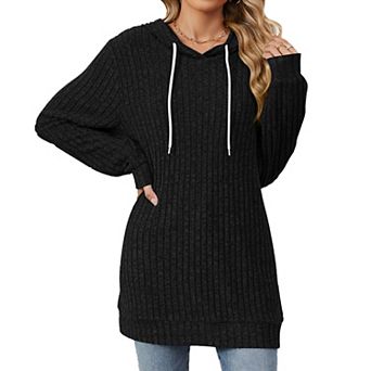 Women's Drawstring Hoodie Ribbed Knit Pullover Top Long Sleeve Casual Lounge Top