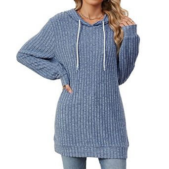 Women's Drawstring Hoodie Ribbed Knit Pullover Top Long Sleeve Casual Lounge Top