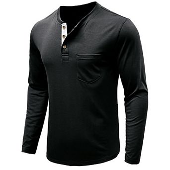 Men's Long Sleeve Henley Shirt Button Placket Round Neck T Shirt Top