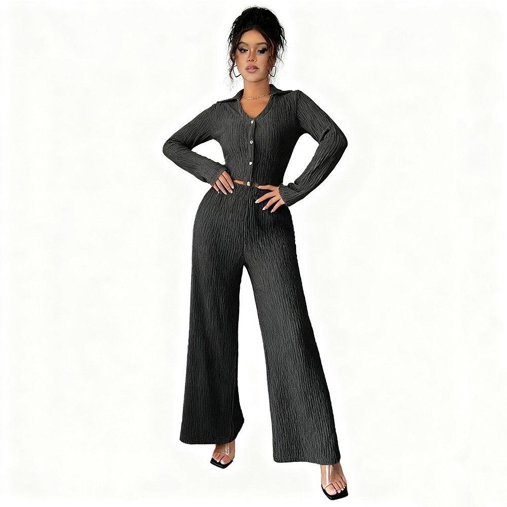 Women's Button Down Shirt and Wide Leg Pants Set 2-Piece Outfit