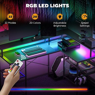 HOMCOM L Shaped Desk with LED Lights and Power Outlets Gaming Desk