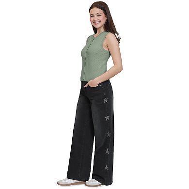 Juniors' madden girl Crew Neck Button Front Pointelle Rib Vest