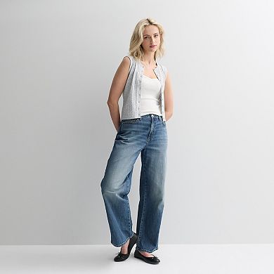 Juniors' madden girl Crew Neck Button Front Pointelle Rib Vest