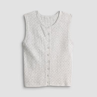 Juniors' madden girl Crew Neck Button Front Pointelle Rib Vest