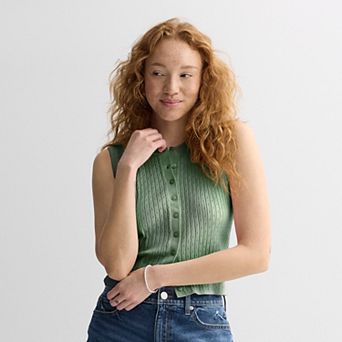 Juniors' madden girl Crew Neck Button Front Pointelle Rib Vest
