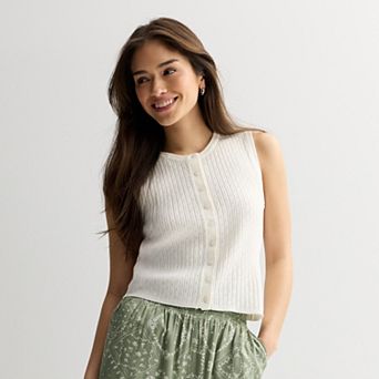 Juniors' madden girl Crew Neck Button Front Pointelle Rib Vest