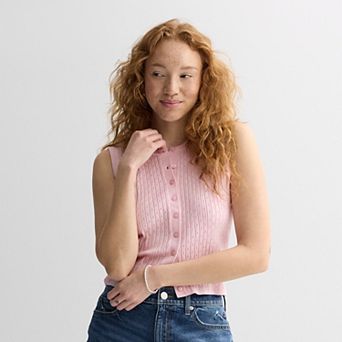 Juniors' madden girl Crew Neck Button Front Pointelle Rib Vest