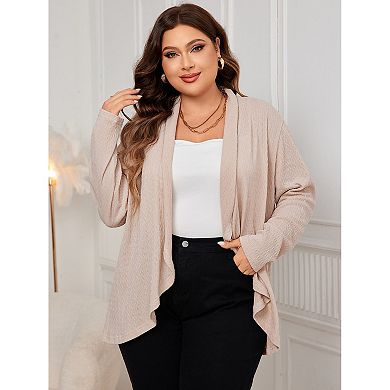 Women Plus Size Fashion Cardigan Irregular Hem Long Sleeves Lapel With Pocket Lightweight Sweater