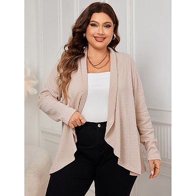 Women Plus Size Fashion Cardigan Irregular Hem Long Sleeves Lapel With Pocket Lightweight Sweater