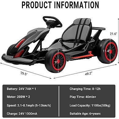 Electric Drift Go Kart for Kids, Go Kart with 200W Dual Motor & 7AH Battery, 8.1MPH Max Speed
