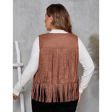 Women's Plus Size Fringe Vest Faux Suede Rivets Sleeveless Tassel Jacket