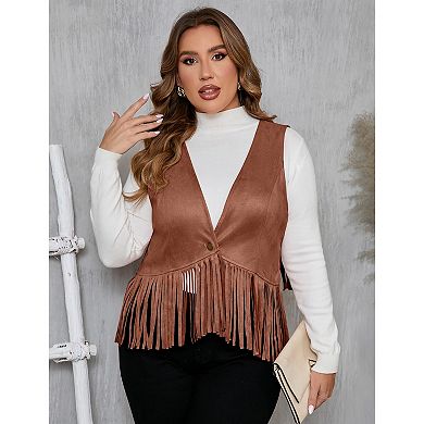 Women's Plus Size Fringe Vest Faux Suede Rivets Sleeveless Tassel Jacket