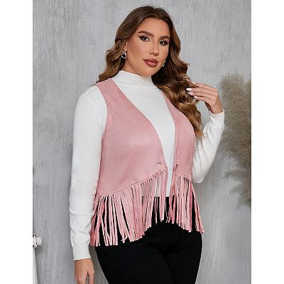 Women's Plus Size Fringe Vest Faux Suede Rivets Sleeveless Tassel