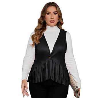 Women's Plus Size Fringe Vest Faux Suede Rivets Sleeveless Tassel Jacket