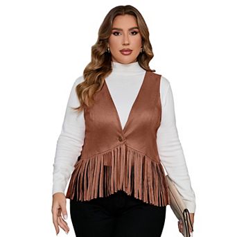 Women's Plus Size Fringe Vest Faux Suede Rivets Sleeveless Tassel Jacket
