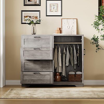 Multifunctional Dresser for Bedroom, 2 Door Wardrobe Armoire Closet w/4  Drawers and Hanging Rod