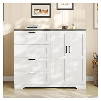 Multifunctional Dresser for Bedroom, 2 Door Wardrobe Armoire Closet w/4 Drawers and Hanging Rod