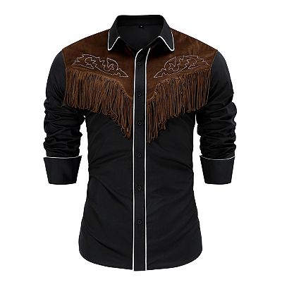 Coolmee Men's Western Cowboy Fringe Shirts Long Sleeve Button Down Embroidered Vintage Casual Shirts XL Black