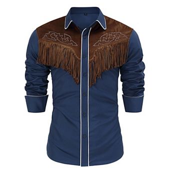 Men's Western Fringe Cowboy Shirt Costume Long Sleeve Embroidered Slim Fit Button Down Shirts