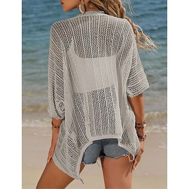 Women Crochet Cardigan Lightweight Thin Short Sleeve Casual Open Front Cardigan Cover