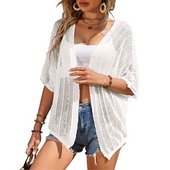 Women Crochet Cardigan Lightweight Thin Short Sleeve Casual Open Front Cardigan Cover