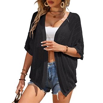 Women Crochet Cardigan Lightweight Thin Short Sleeve Casual Open Front Cardigan Cover