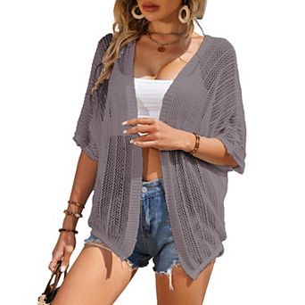 Women Crochet Cardigan Lightweight Thin Short Sleeve Casual Open Front Cardigan Cover