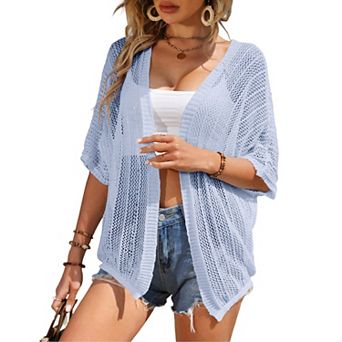 Women Crochet Cardigan Lightweight Thin Short Sleeve Casual Open Front Cardigan Cover