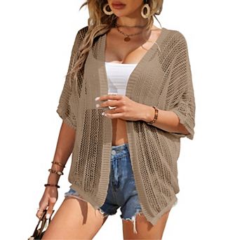 Women Crochet Cardigan Lightweight Thin Short Sleeve Casual Open Front Cardigan Cover