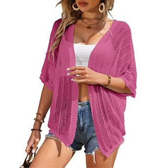 Women Crochet Cardigan Lightweight Thin Short Sleeve Casual Open Front Cardigan Cover