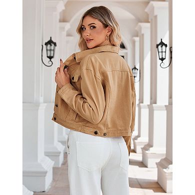 Women's Button Down Stretch Fitted Long Sleeve Cropped Denim Jacket with Pockets