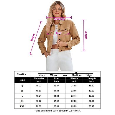 Women's Button Down Stretch Fitted Long Sleeve Cropped Denim Jacket with Pockets