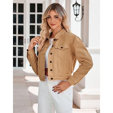 Women's Button Down Stretch Fitted Long Sleeve Cropped Denim Jacket with Pockets