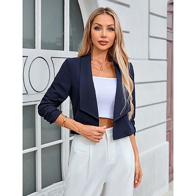 Women's Notched Lapel Ruched Sleeve Jackets Business Cropped Blazer