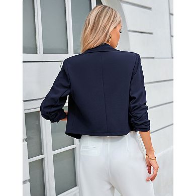 Women's Notched Lapel Ruched Sleeve Jackets Business Cropped Blazer