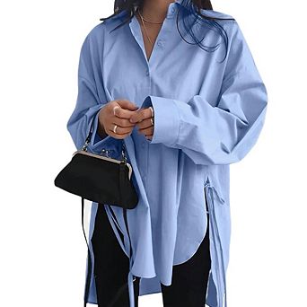 Womens Oversized Button Down Shirts Split High Low Long Sleeve Causal Blouses Tunics Tops
