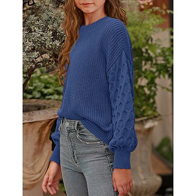 Girls' Chunky Rib Knit Sweater Cozy Long Sleeve Pullover Crew Neck Solid Top