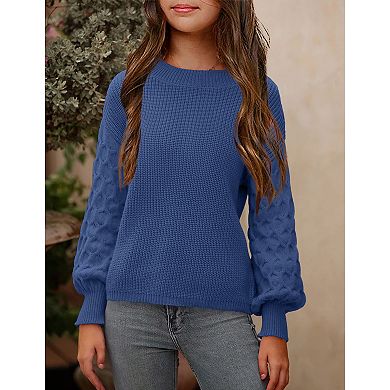 Girls' Chunky Rib Knit Sweater Cozy Long Sleeve Pullover Crew Neck Solid Top