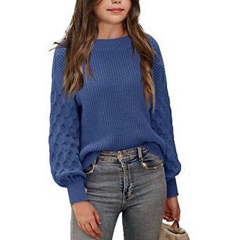 Girls' Chunky Rib Knit Sweater Cozy Long Sleeve Pullover Crew Neck Solid Top