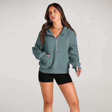 Women Half Zip Cropped Hoodies Fleece Quarter Zip Up Pullover Sweatshirts Winter Sweater Coat