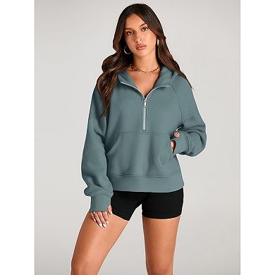 Women Half Zip Cropped Hoodies Fleece Quarter Zip Up Pullover Sweatshirts Winter Sweater Coat