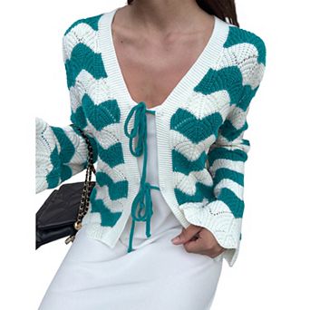 Womens Front Tie Long Sleeve Stripe Color Block Wavy Hem V Neck Fashion Casual Cardigan Sweaters